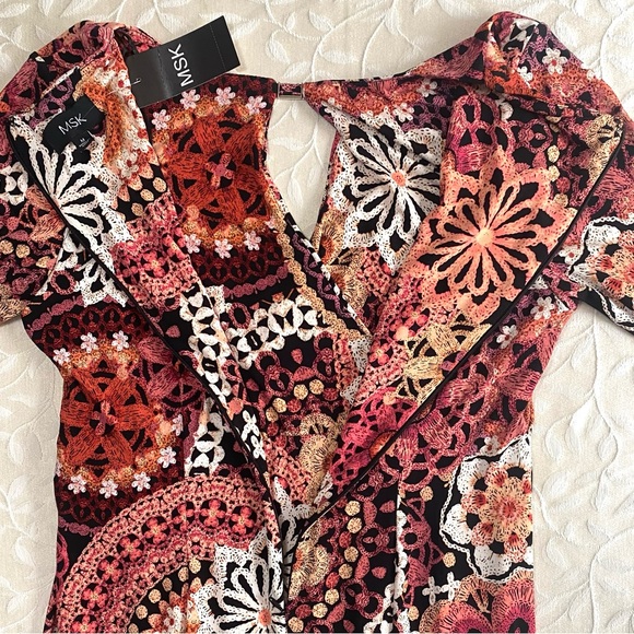 🆕 MSK Dress Women’s Medium Peach Berry Black Floral Faux Wrap NWT NEW - Picture 11 of 13